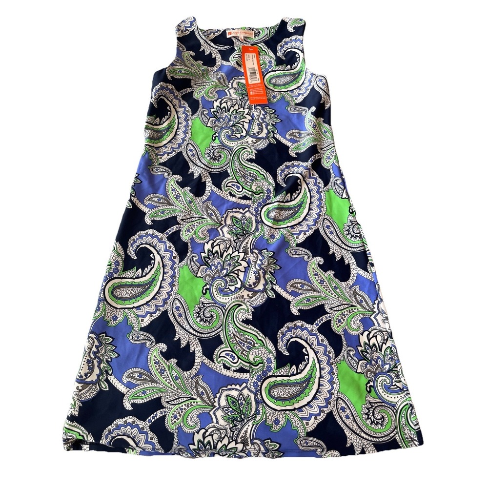 Jude Connally Beth Sleveless Shift Stretch Dress Blue Green Paisley Small Preppy